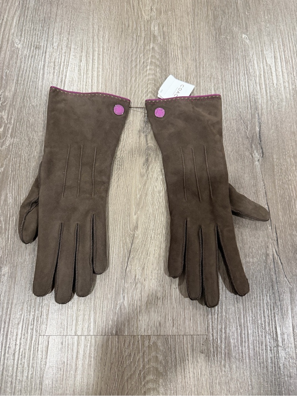 Coach Brown Suede Gloves with Pink Trim